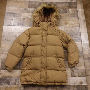 Lands’ End Down Puffer‎ Coat Women’s Medium 10-12 Tan Faux Fur Hooded